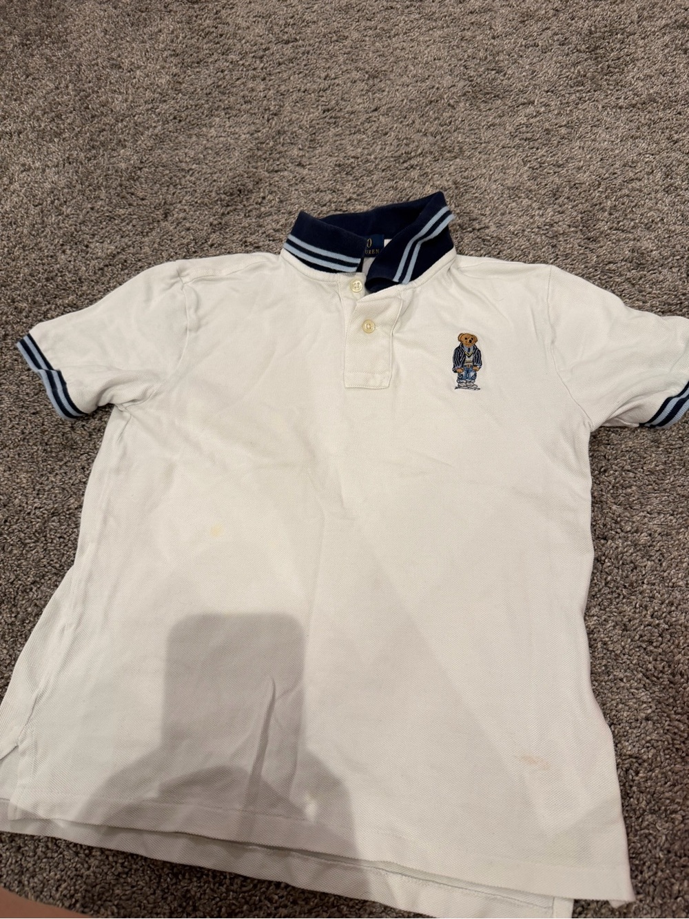 Polo by Ralph Lauren White Polo with Navy Striped Collar and Bear Patch